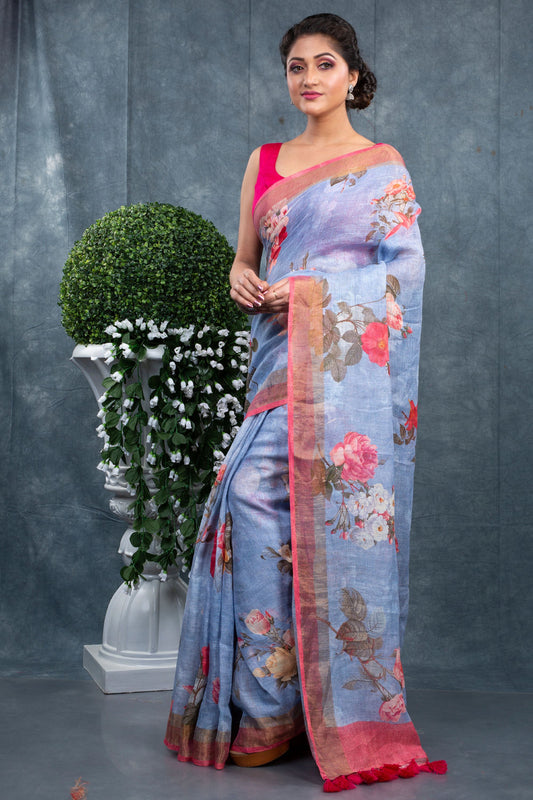 Blue Floral Digitally Printed Linen Saree