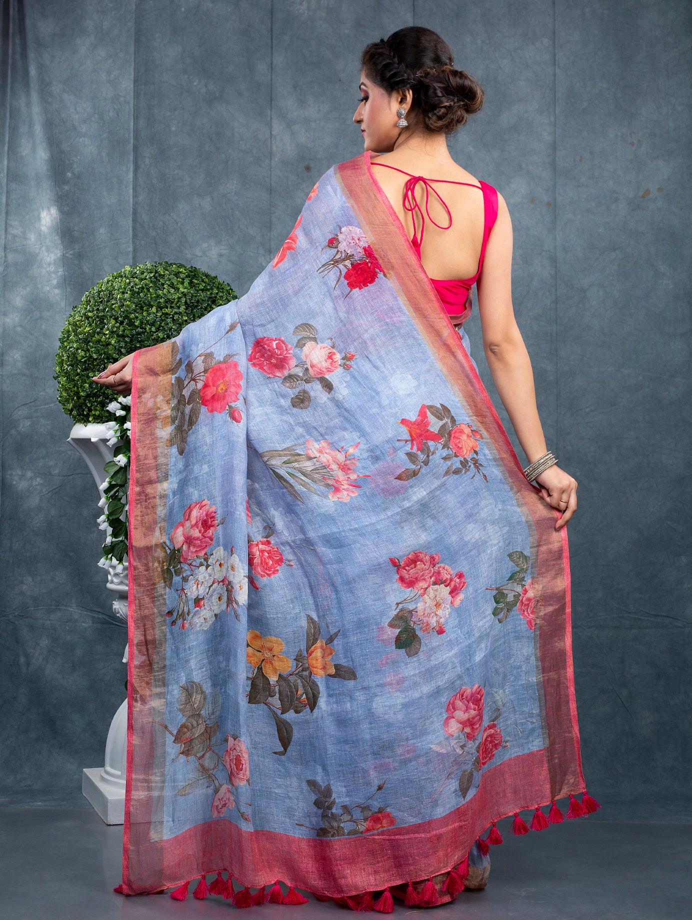 Blue Floral Digitally Printed Linen Saree