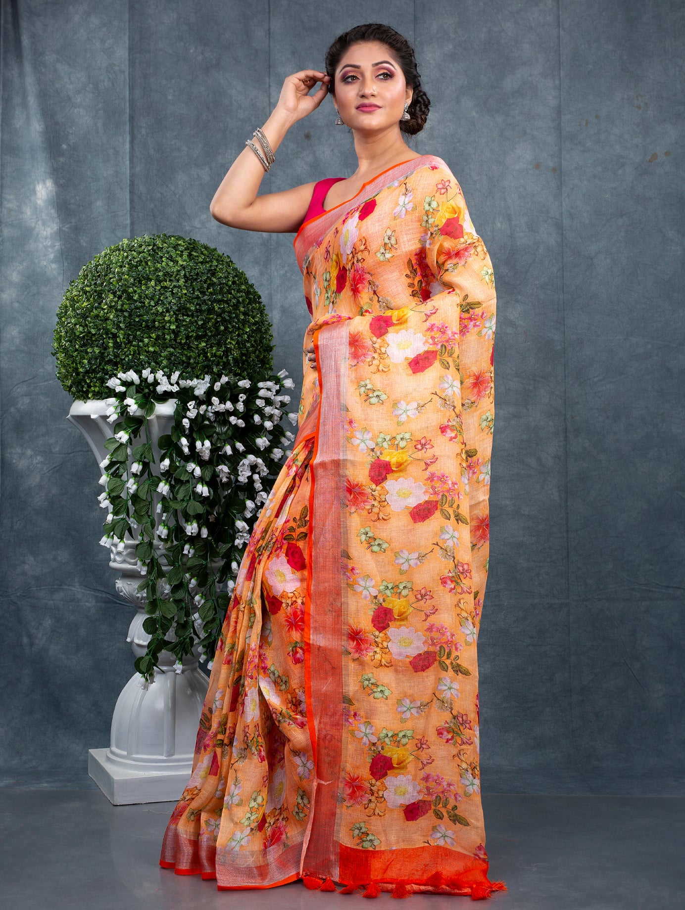 Off-White Base Floral Digitally Printed Linen Saree