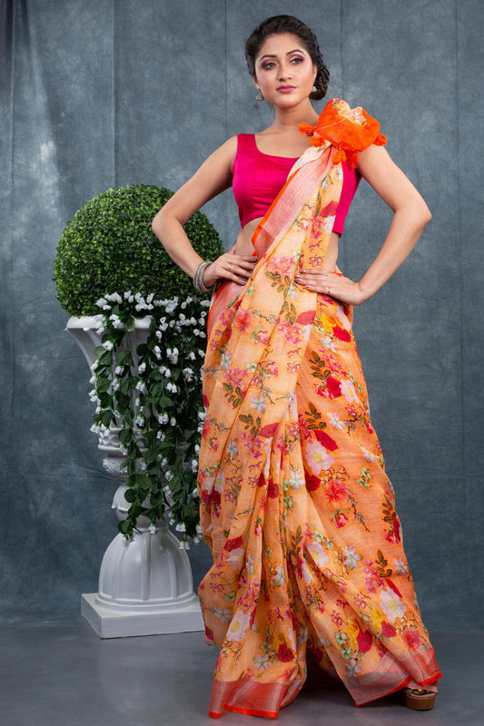 Orange floral digitally printed  linen saree