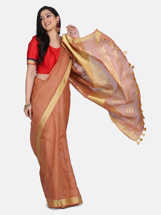 Brown Linen Saree with Gold Zari