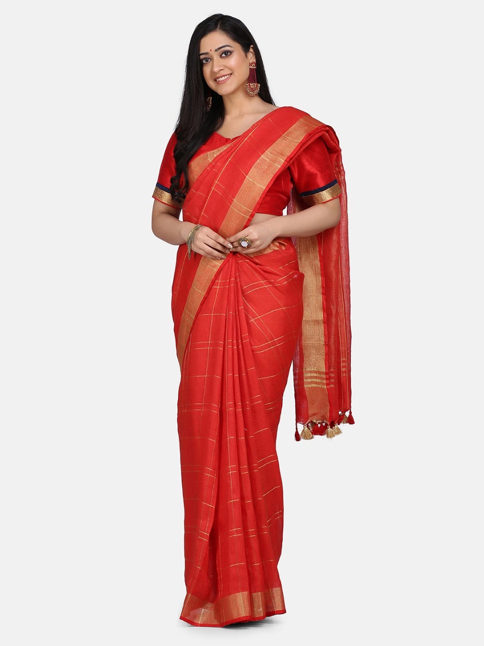 Red Linen Saree with Gold Zari