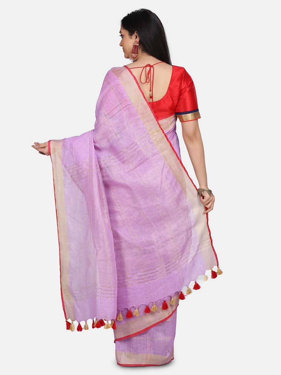 Lavendar Linen Saree with Red Zari