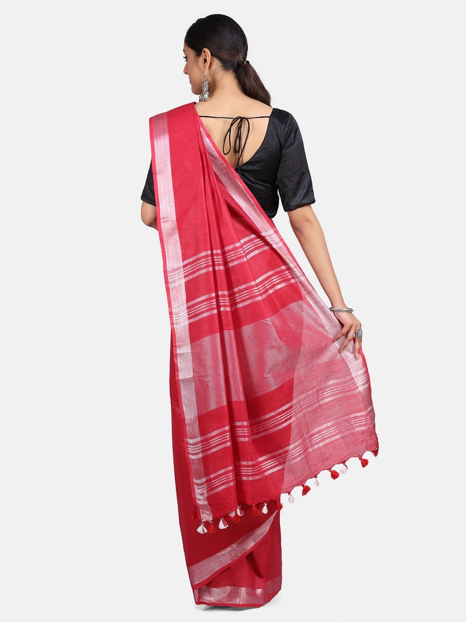 Red Linen Saree with Silver Zari