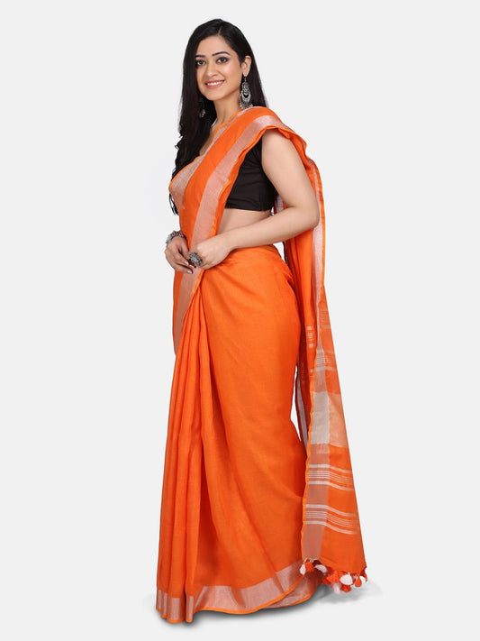 Orange Linen Saree with Silver Zari