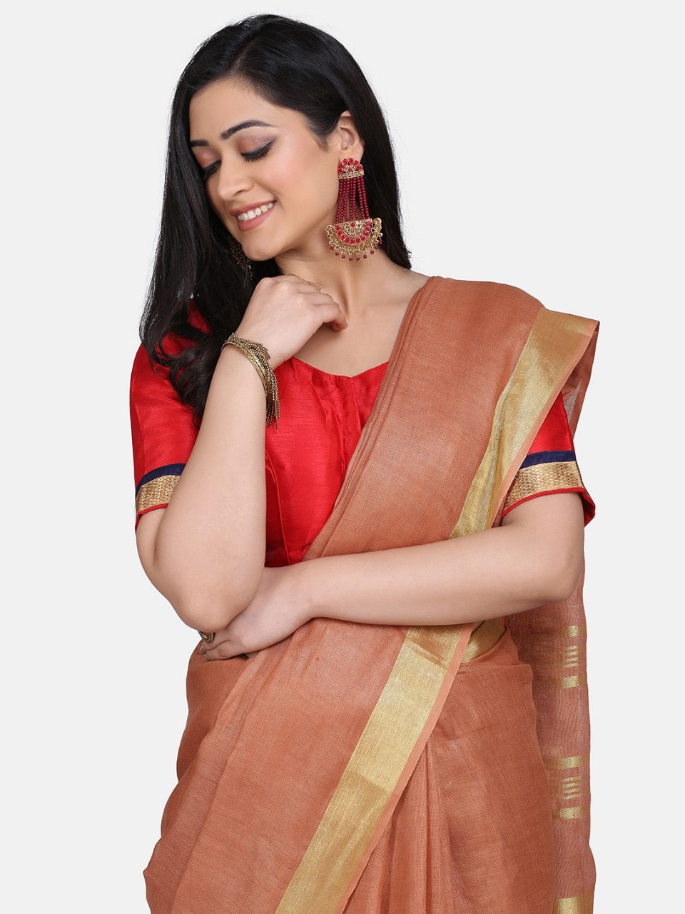 Brown Linen Saree with Gold Zari