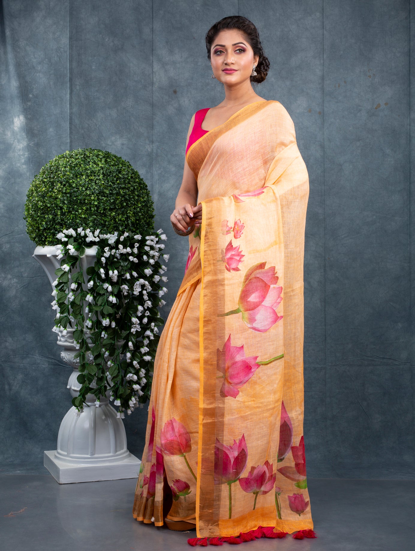 Lotus orange floral digitally printed linen saree