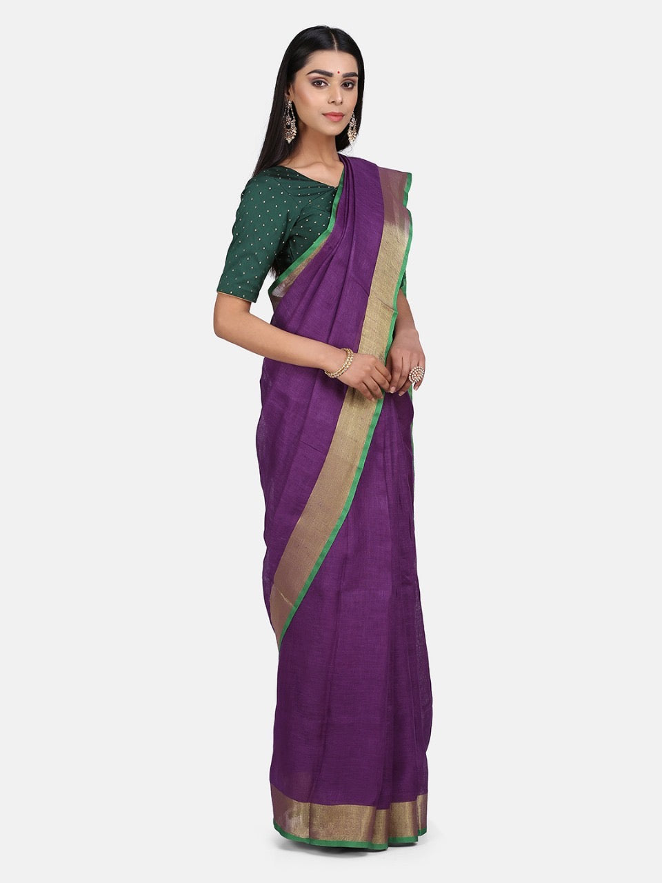 Purple Linen Saree with Green Border