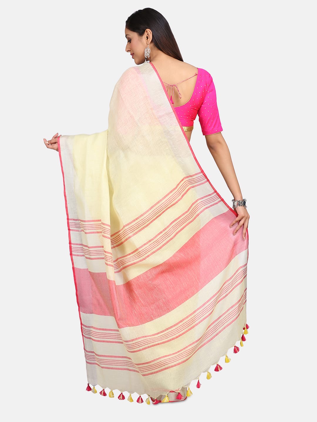 Off-White Linen Saree with Pink Zari