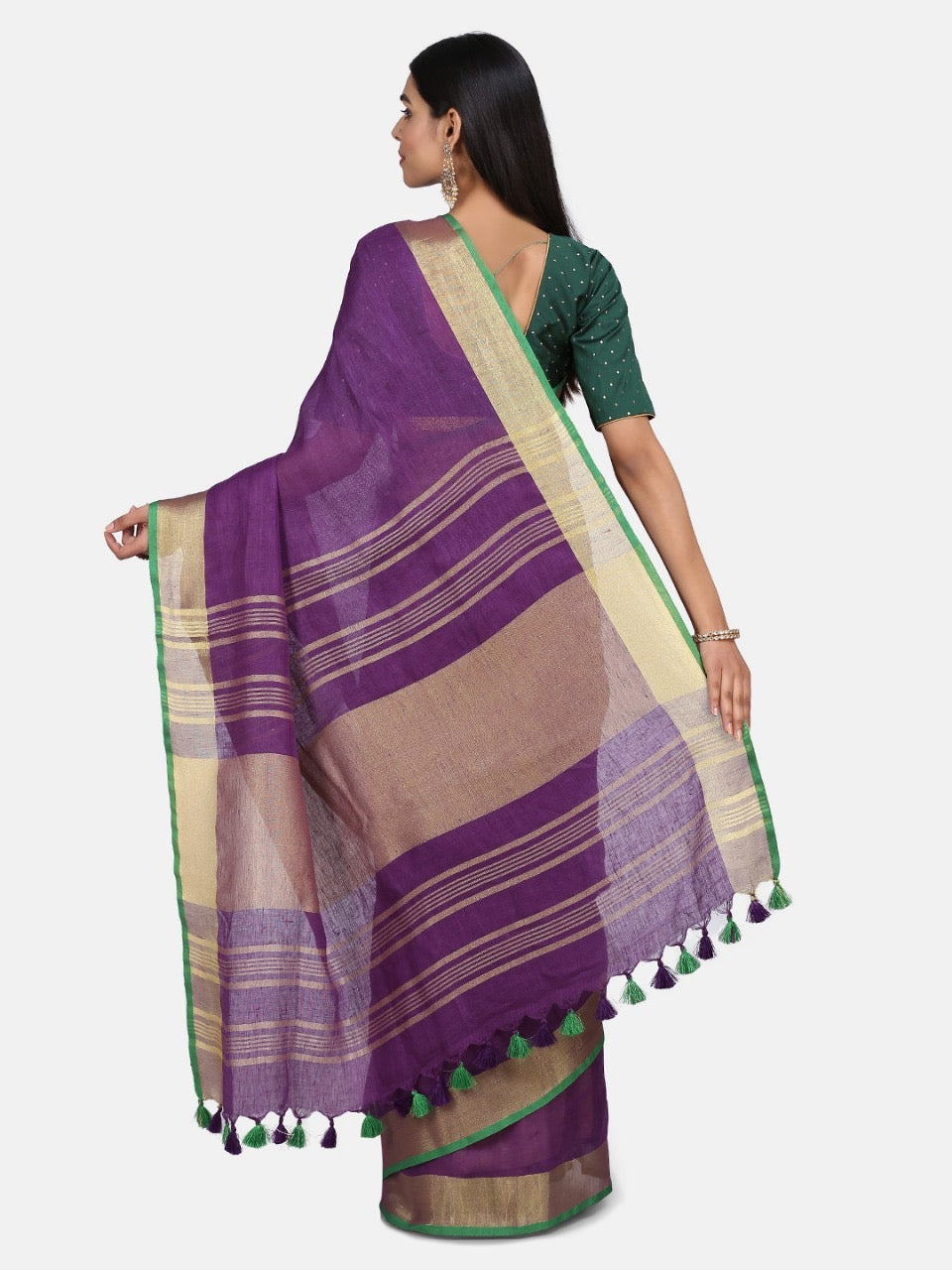 Purple Linen Saree with Green Border