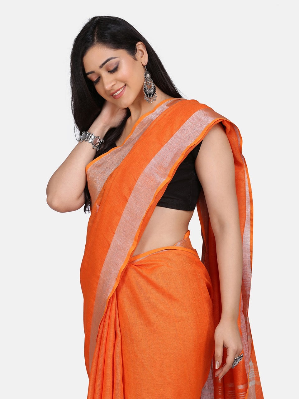 Orange Linen Saree with Silver Zari