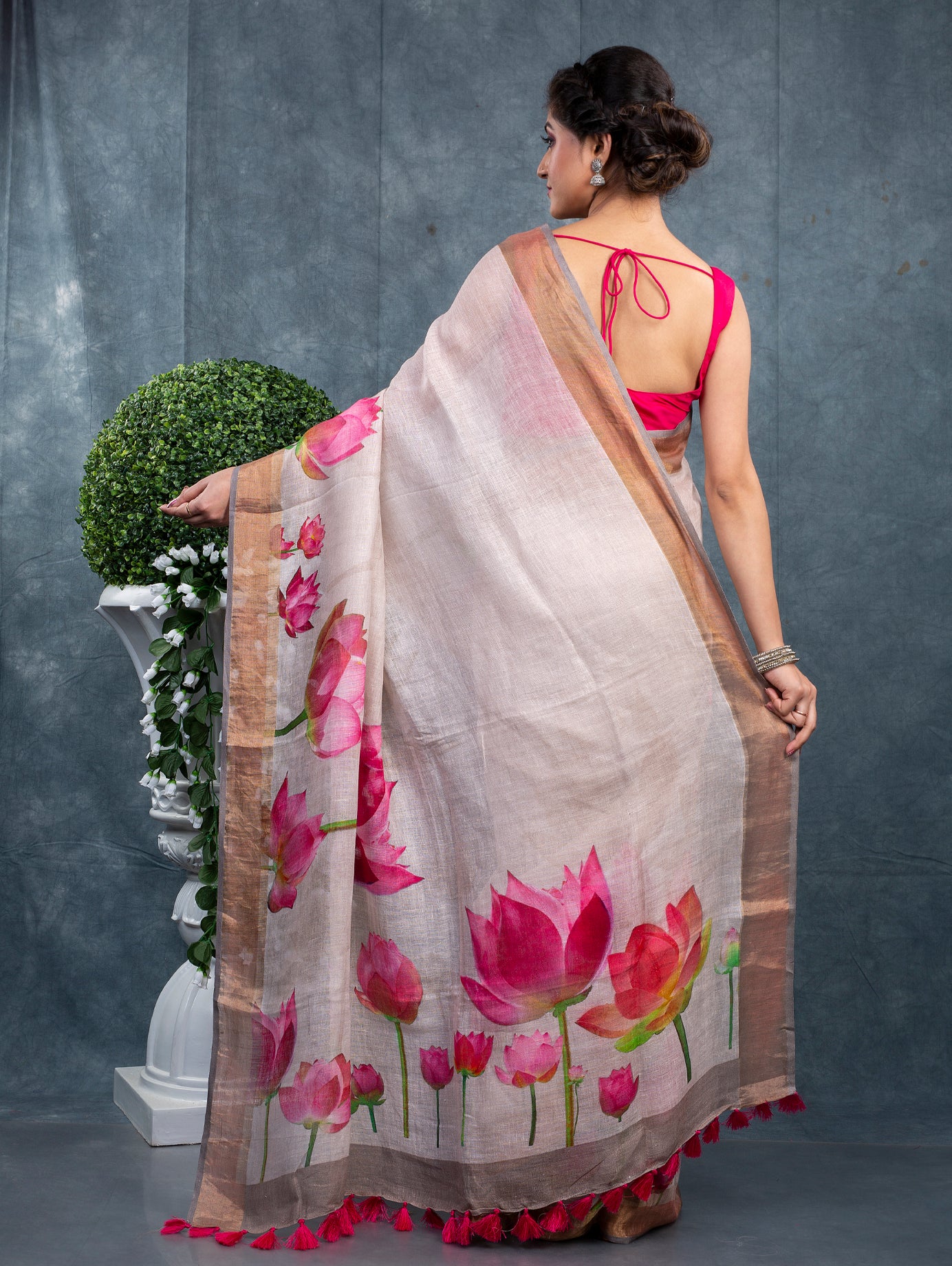 Beige Lotus Floral Digitally Printed  linen Saree