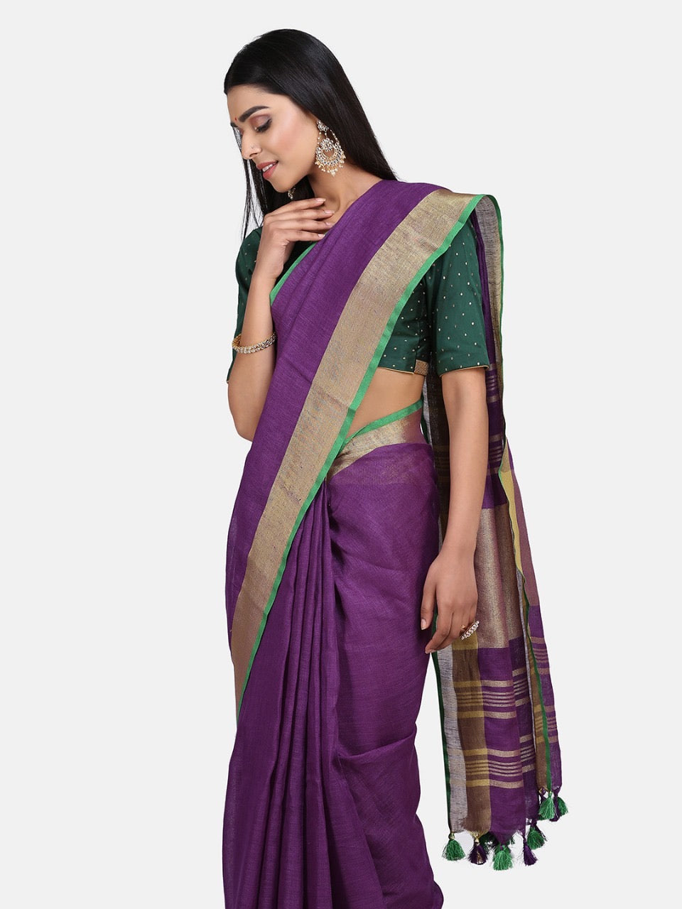 Purple Linen Saree with Green Border