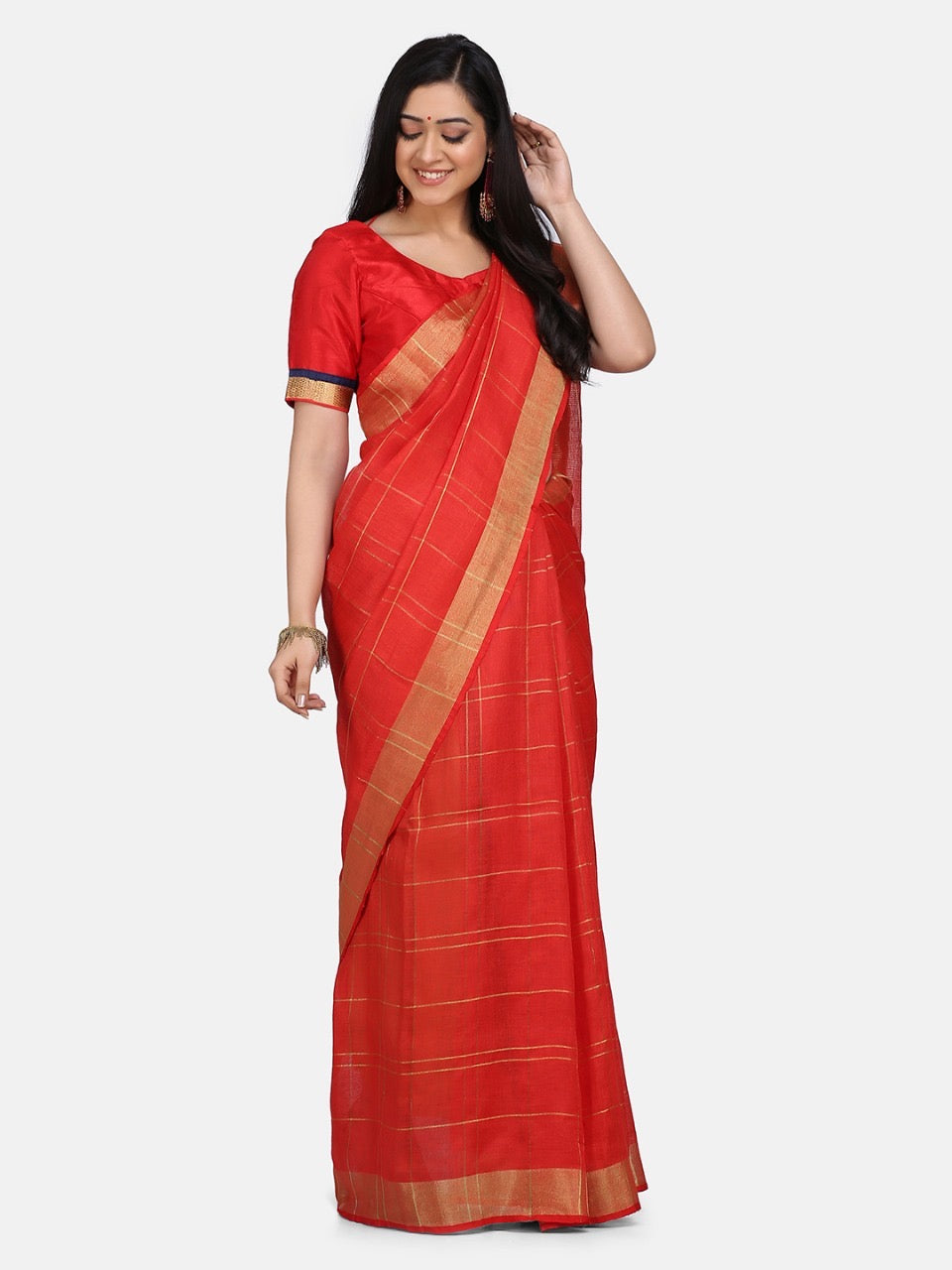 Red Linen Saree with Gold Zari