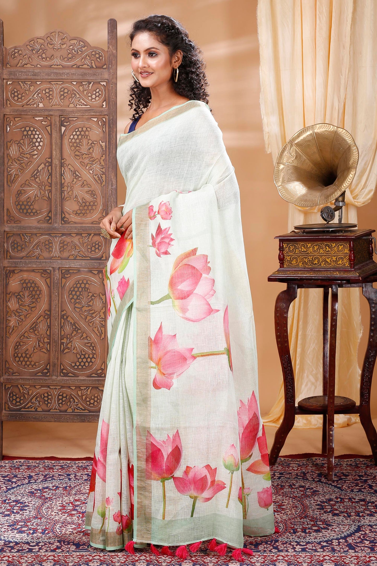 Lotus green digitally floral printed linen saree