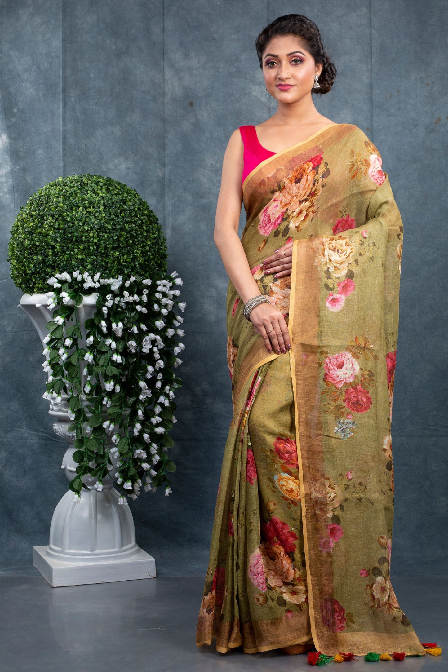 Pista floral digitally printed linen saree
