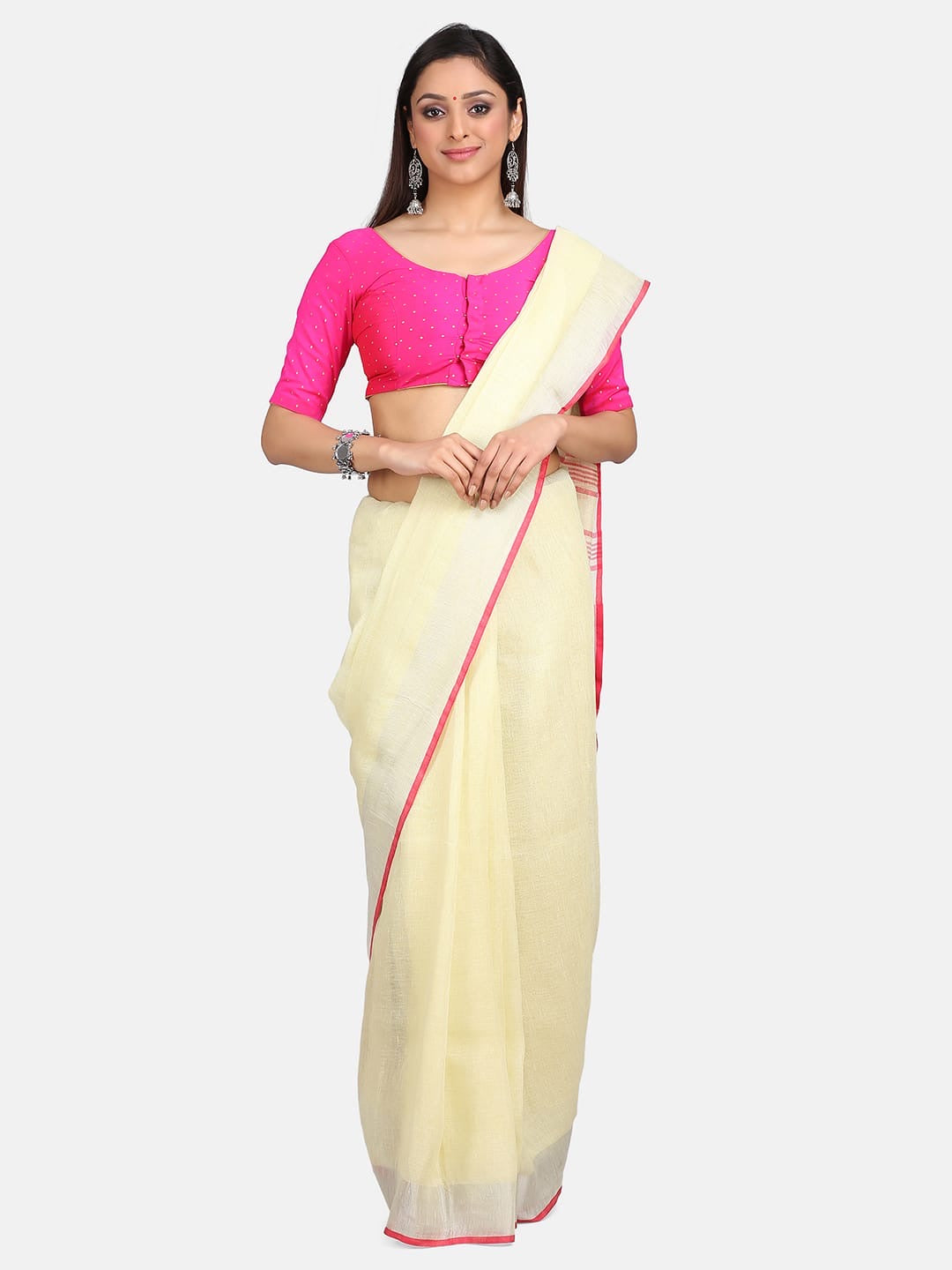 Off-White Linen Saree with Pink Zari