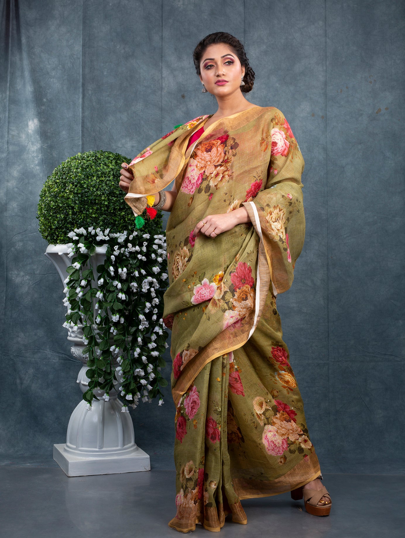 Pista floral digitally printed linen saree