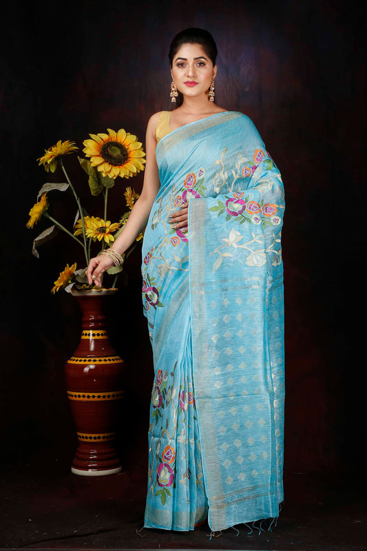 Linen hand embroidered zari sky blue saree