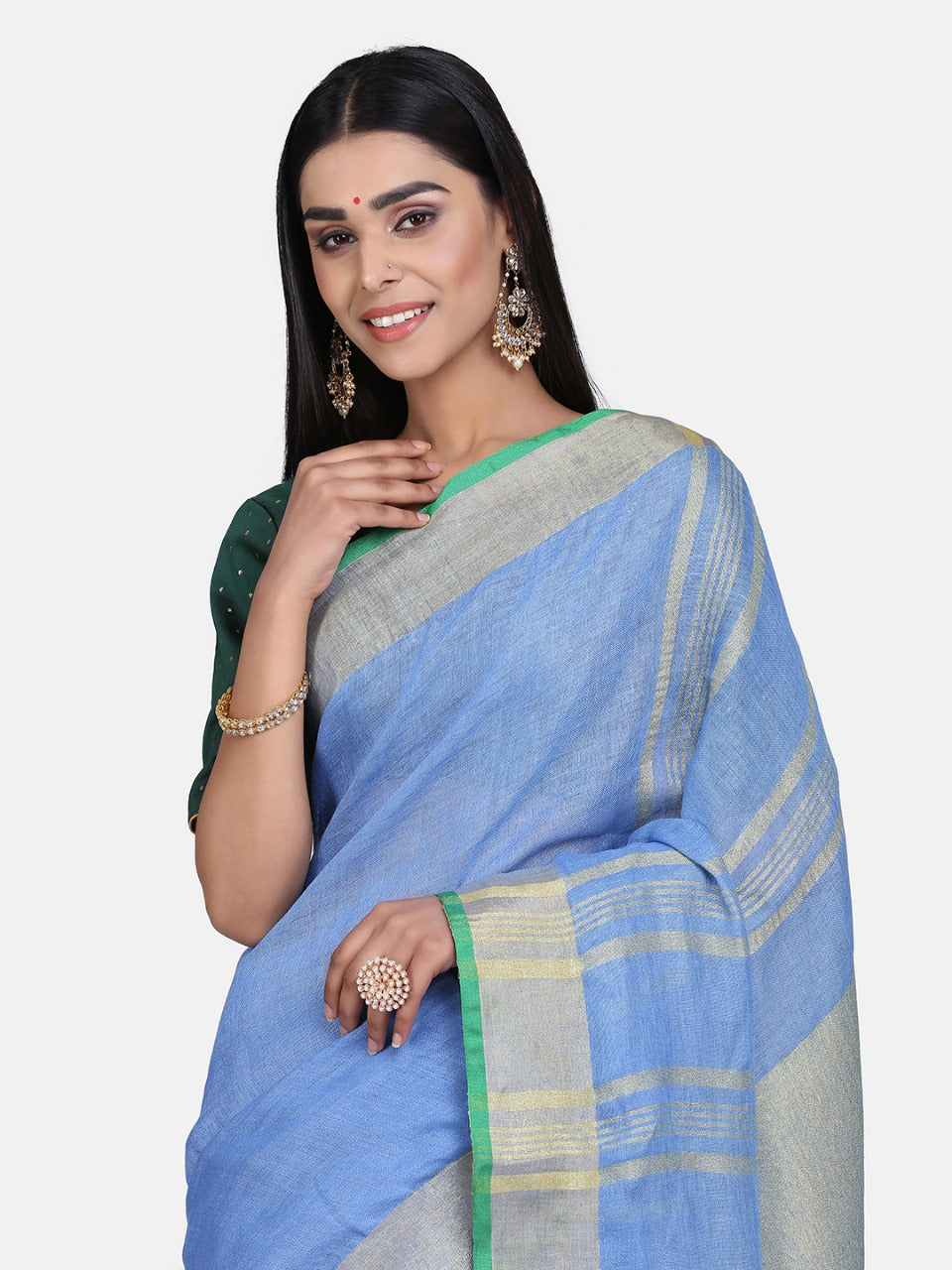 Sky Blue Linen Saree with Gold Zari Border.