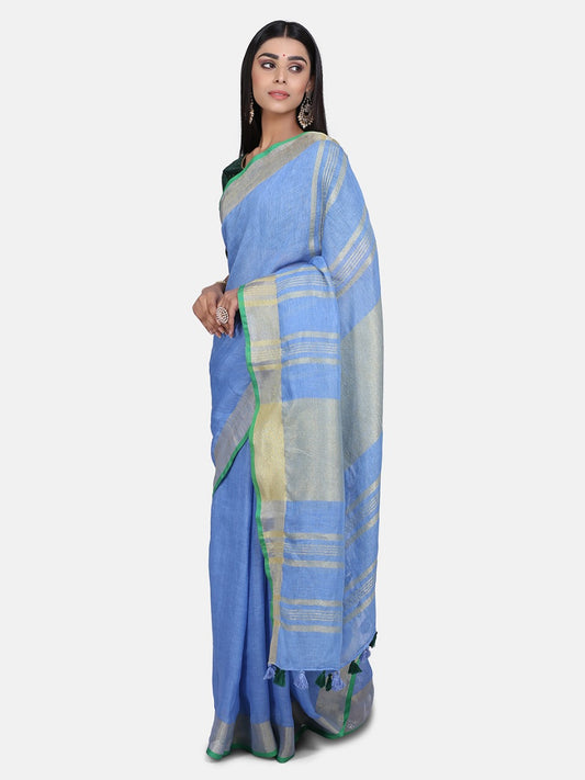 Sky Blue Linen Saree with Gold Zari Border.