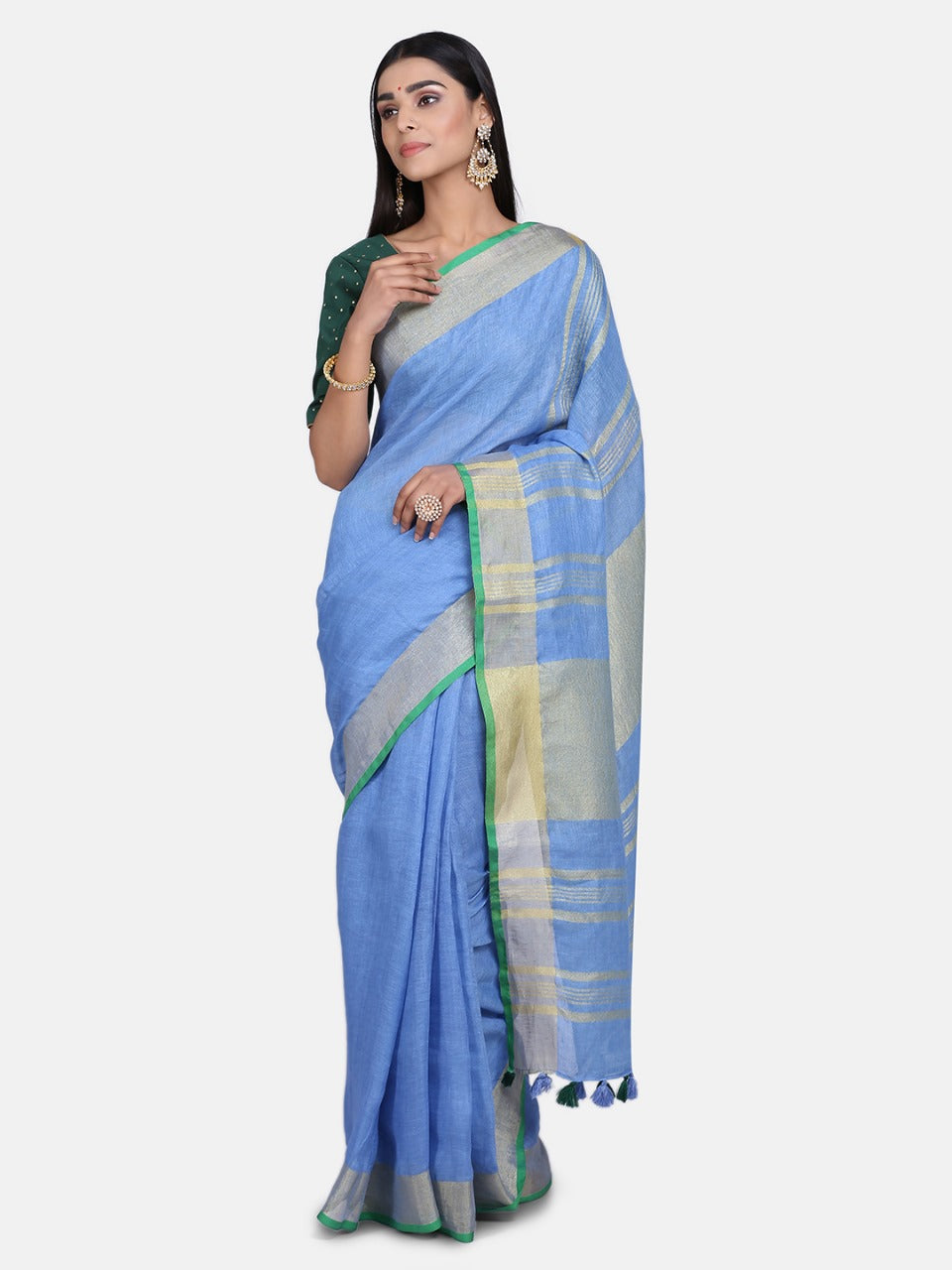 Sky Blue Linen Saree with Gold Zari Border.