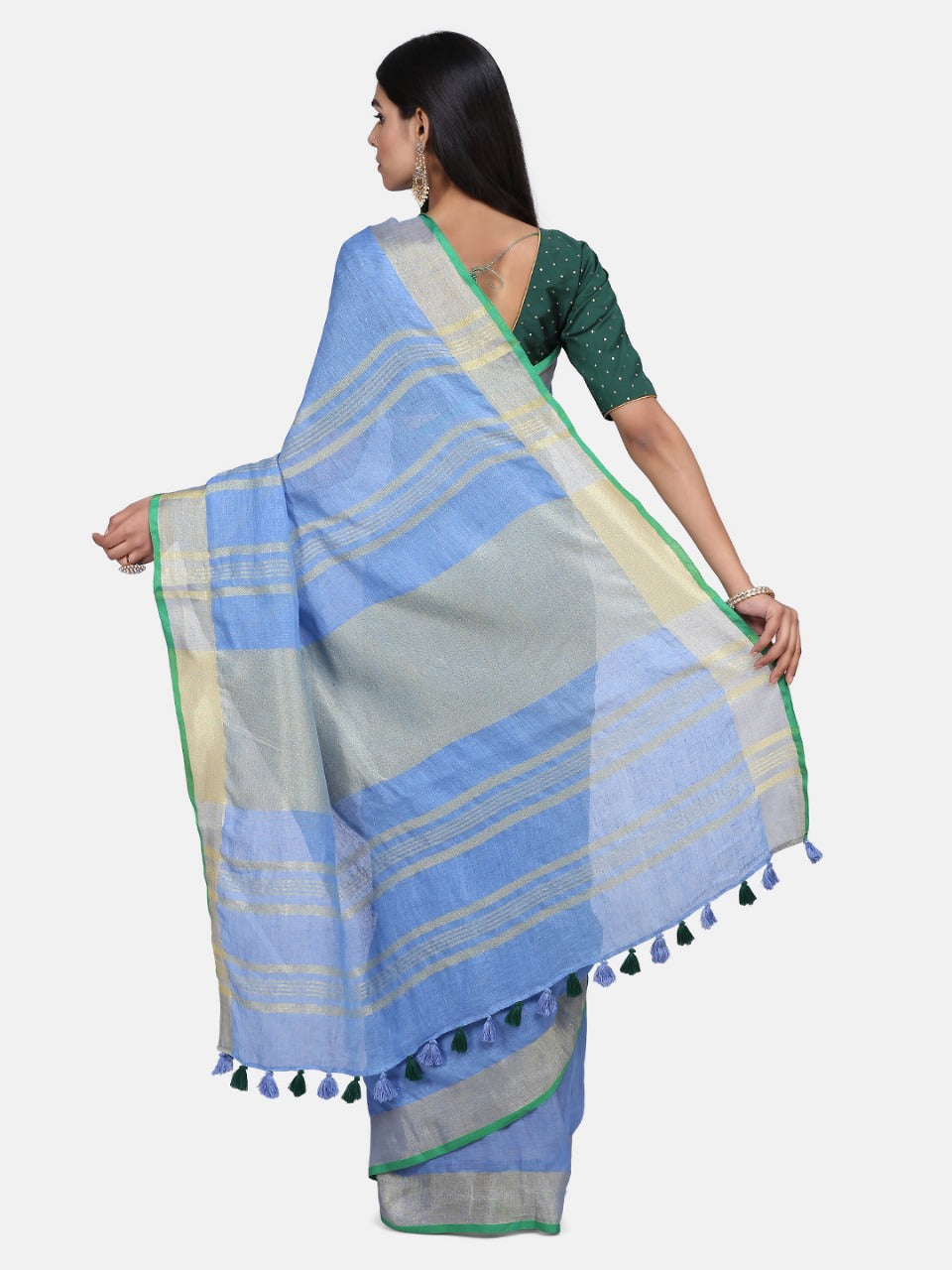 Sky Blue Linen Saree with Gold Zari Border.