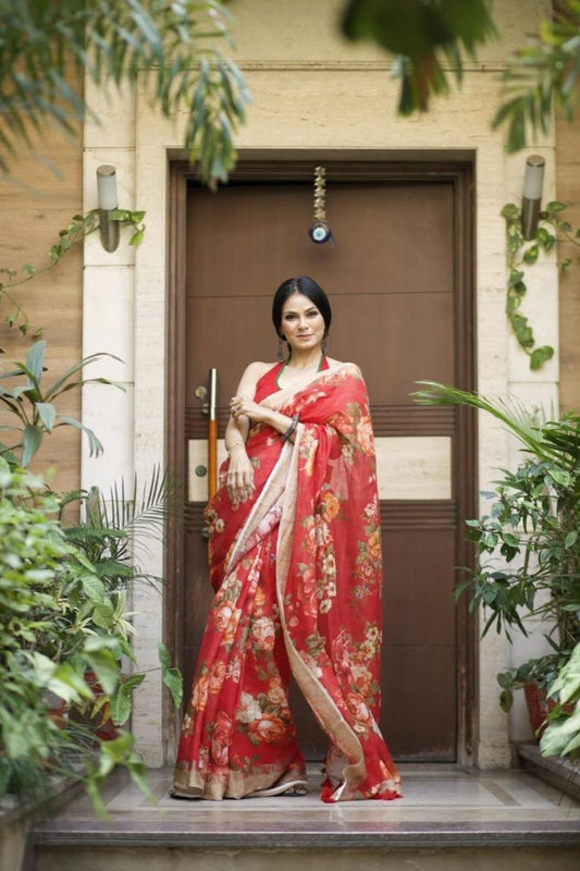 Scarlet Rhapsody Floral Linen Saree with Zari Border