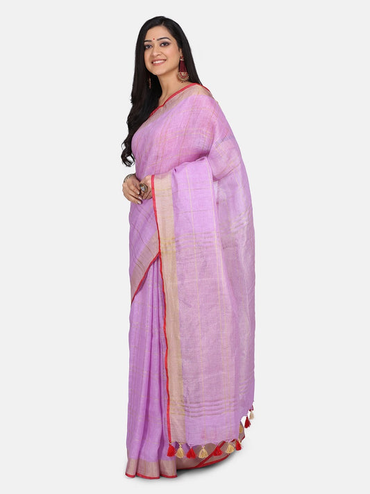 Lavendar Linen Saree with Red Zari