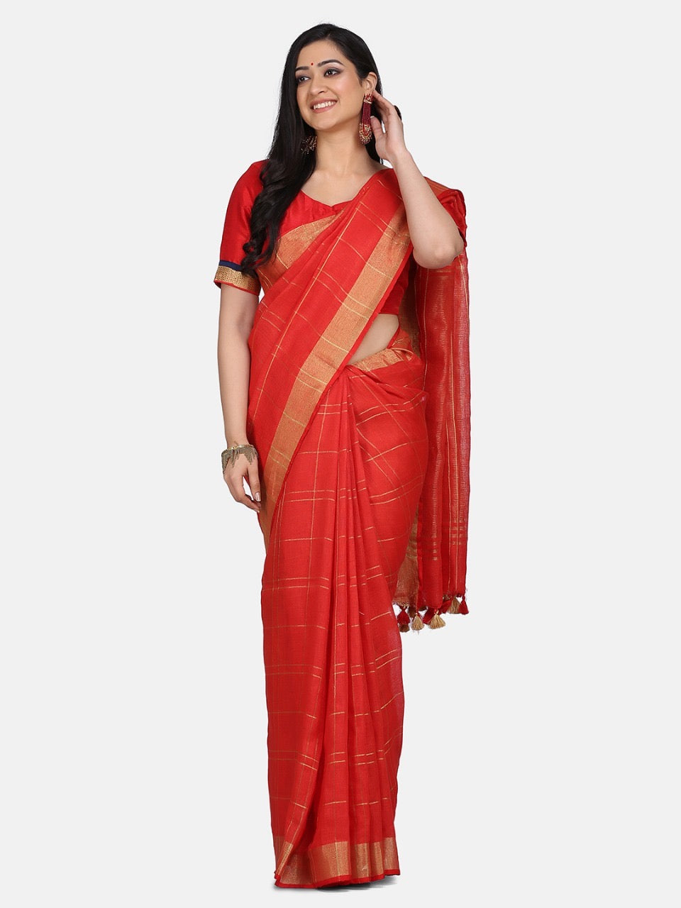 Red Linen Saree with Gold Zari