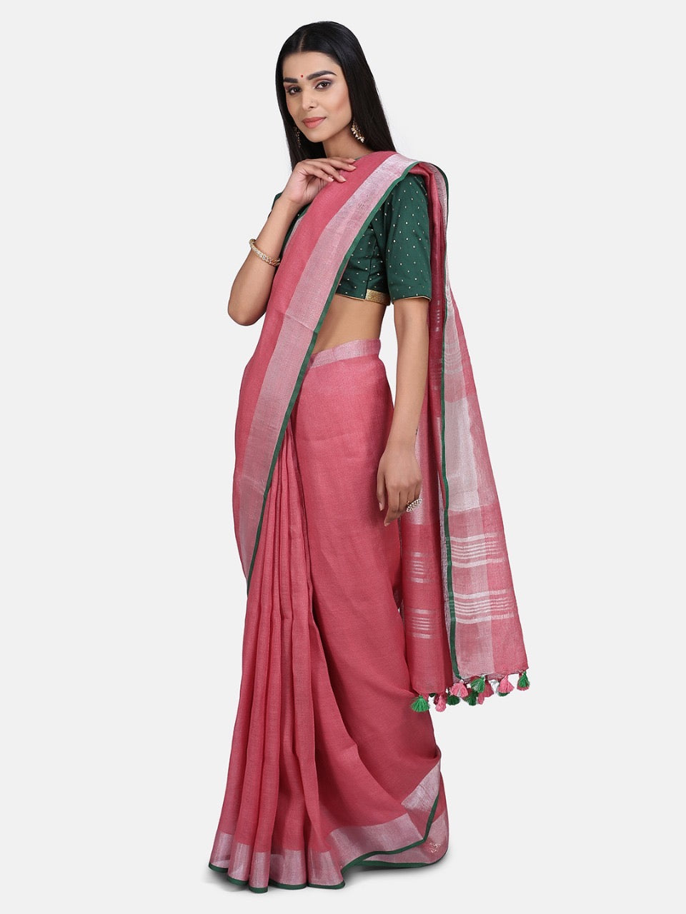 Pink Linen Saree with Green Zari Border.