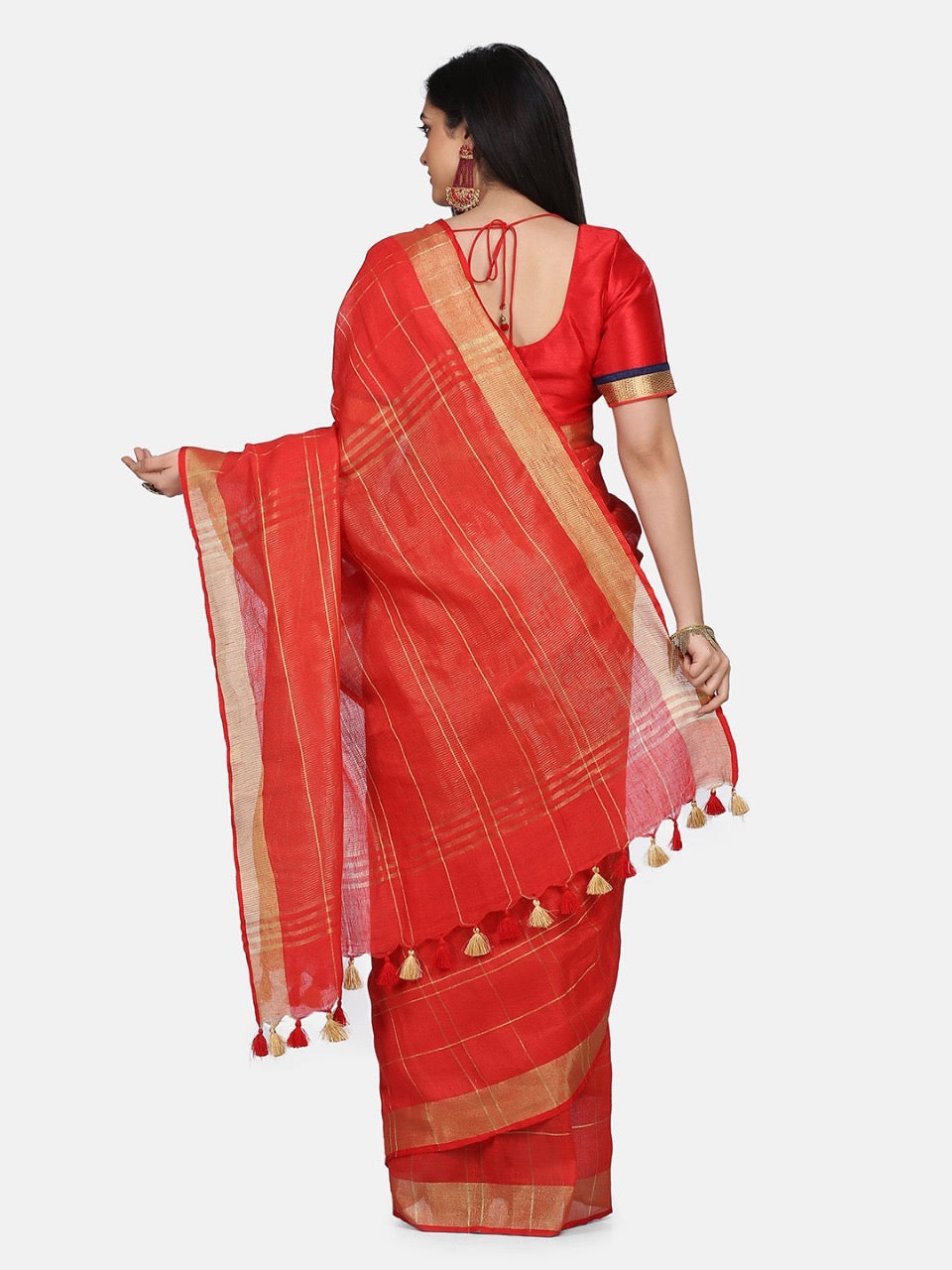 Red Linen Saree with Gold Zari