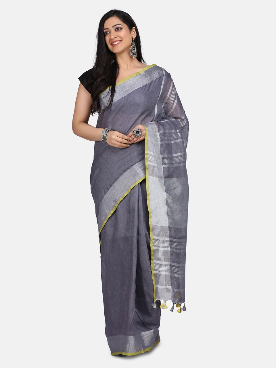 Silver Zari Saree with Yellow Border