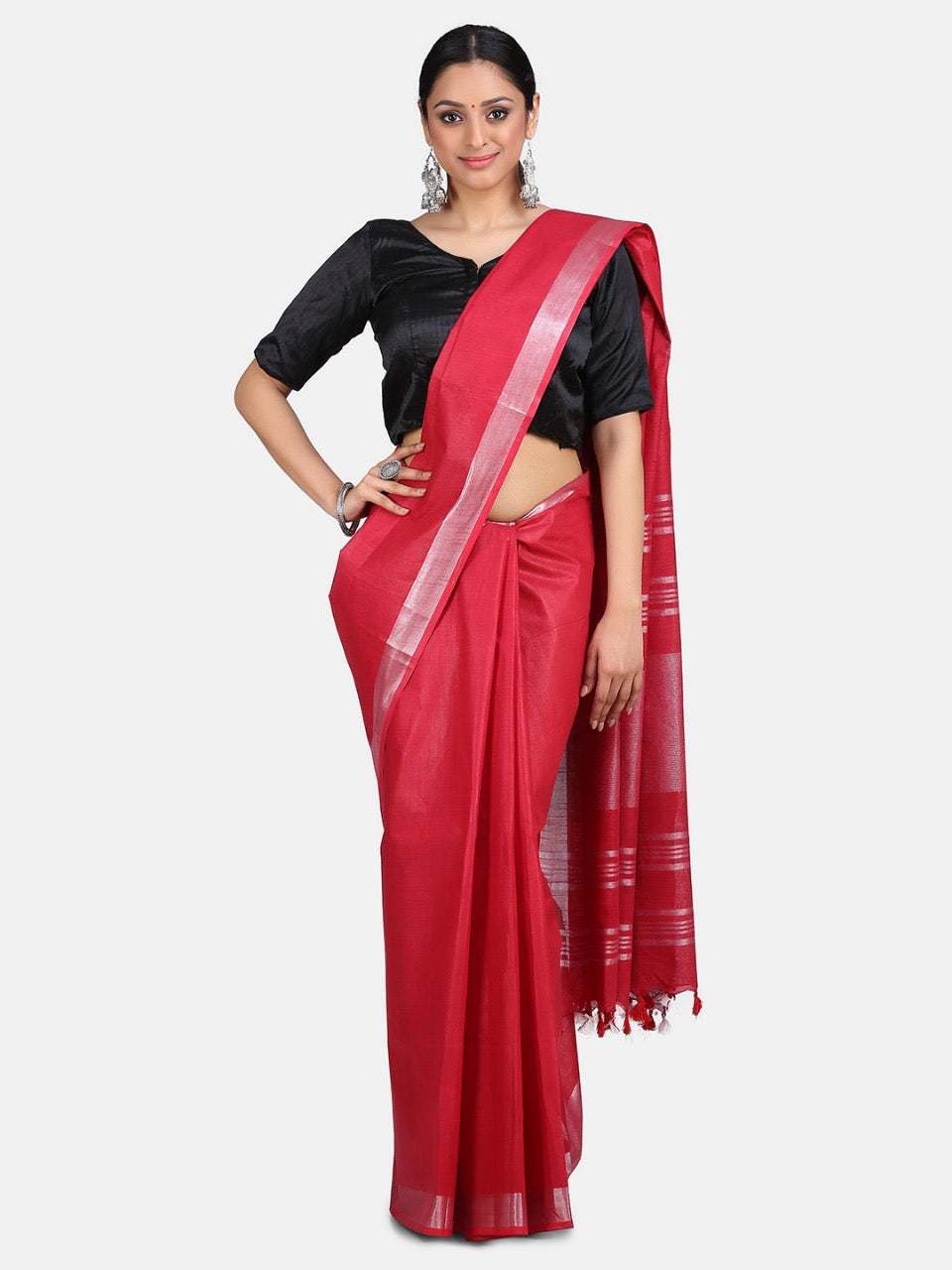 Red Linen Saree with Silver Zari