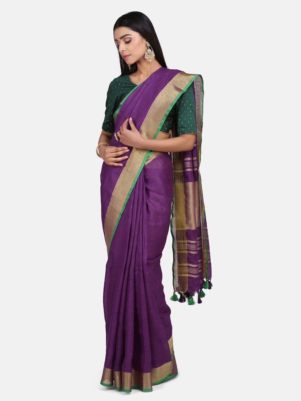 Purple Linen Saree with Green Border