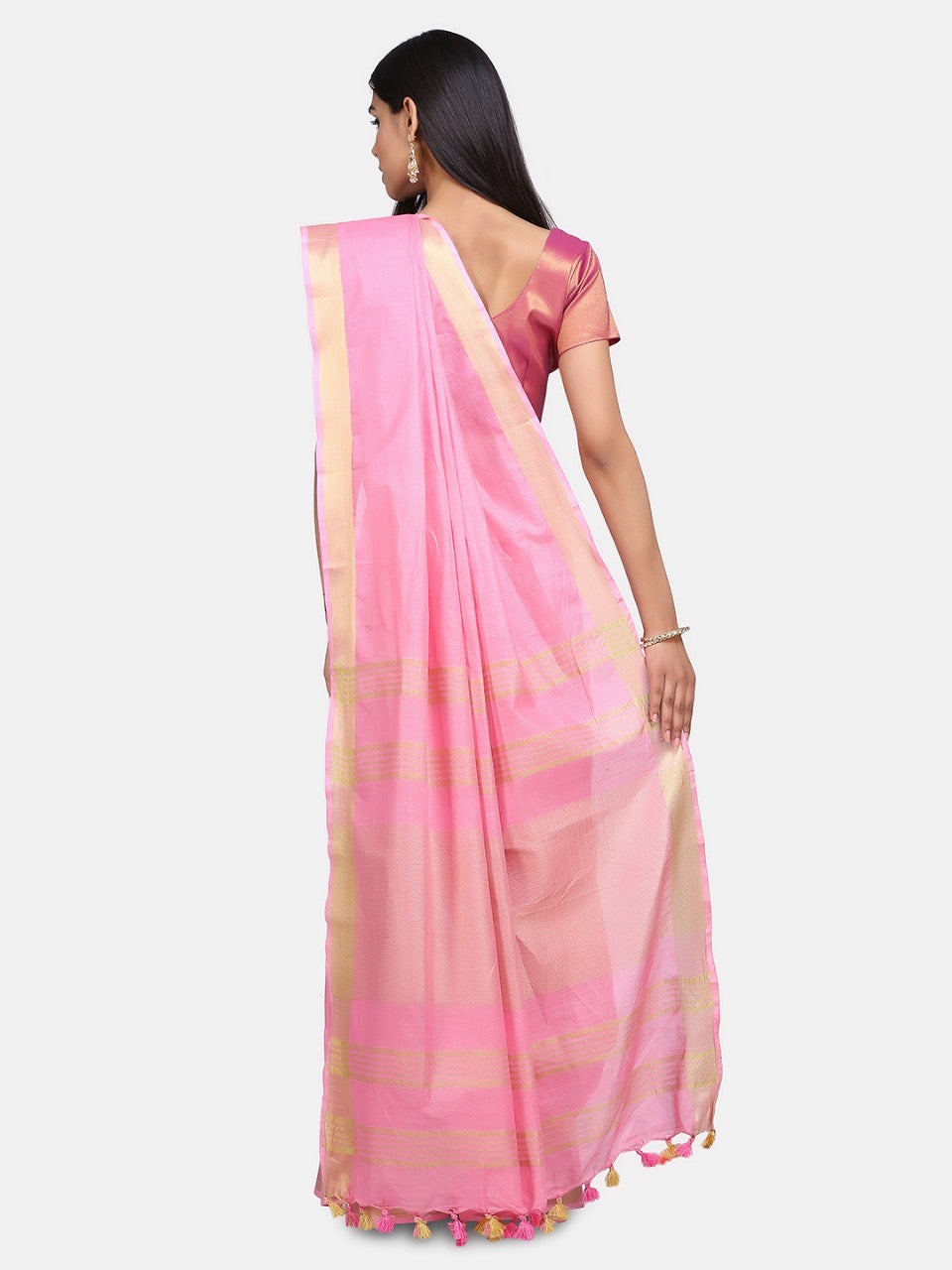 Baby Pink Linen Saree with Gold Zari