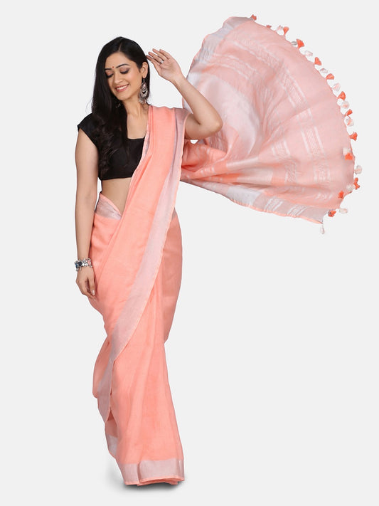 Peach Linen Saree with Silver Zari