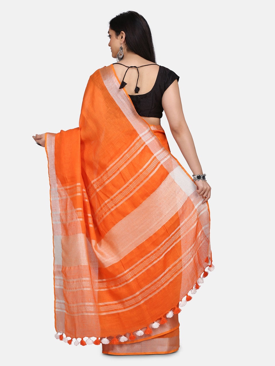 Orange Linen Saree with Silver Zari