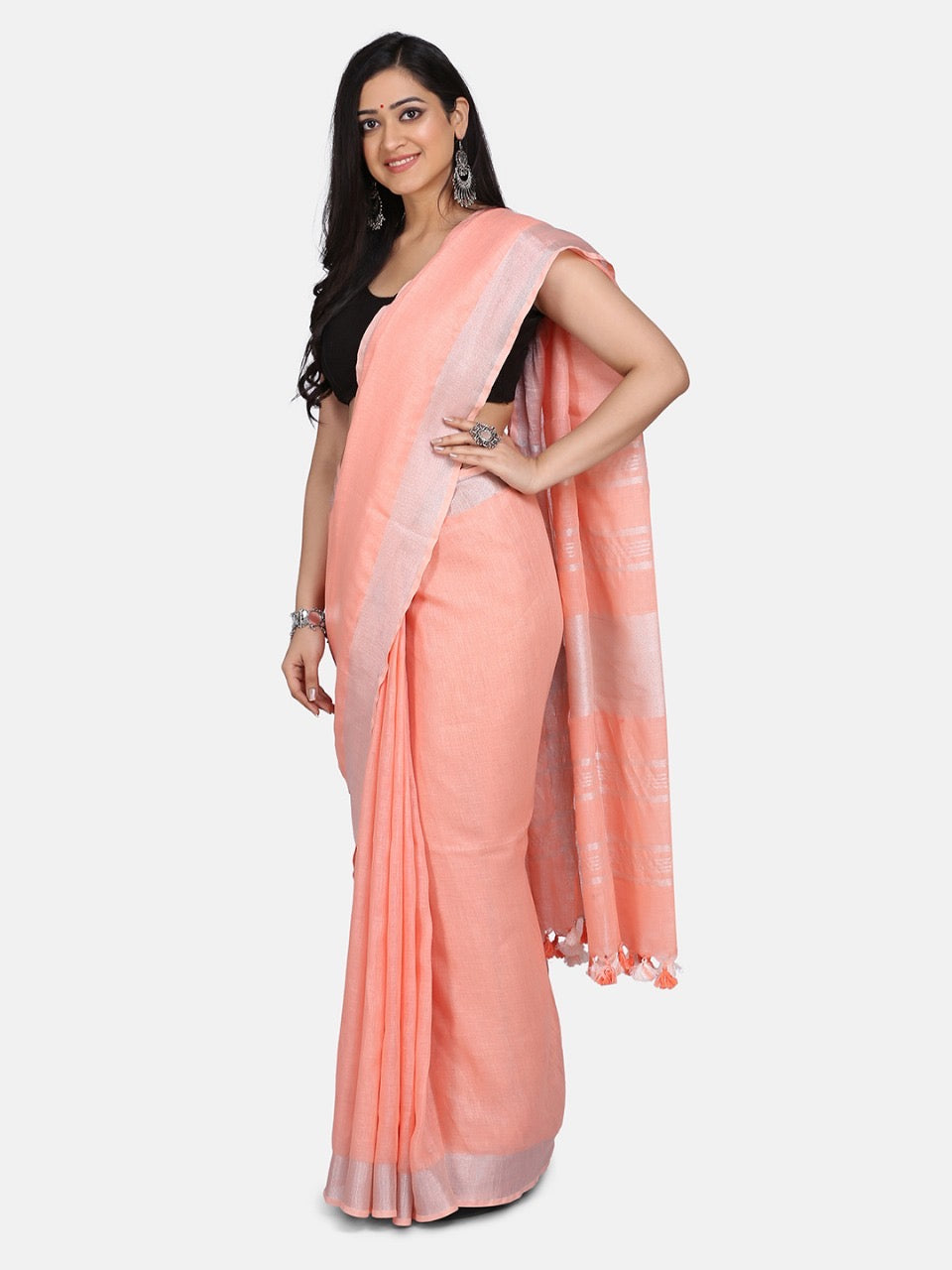 Peach Linen Saree with Silver Zari