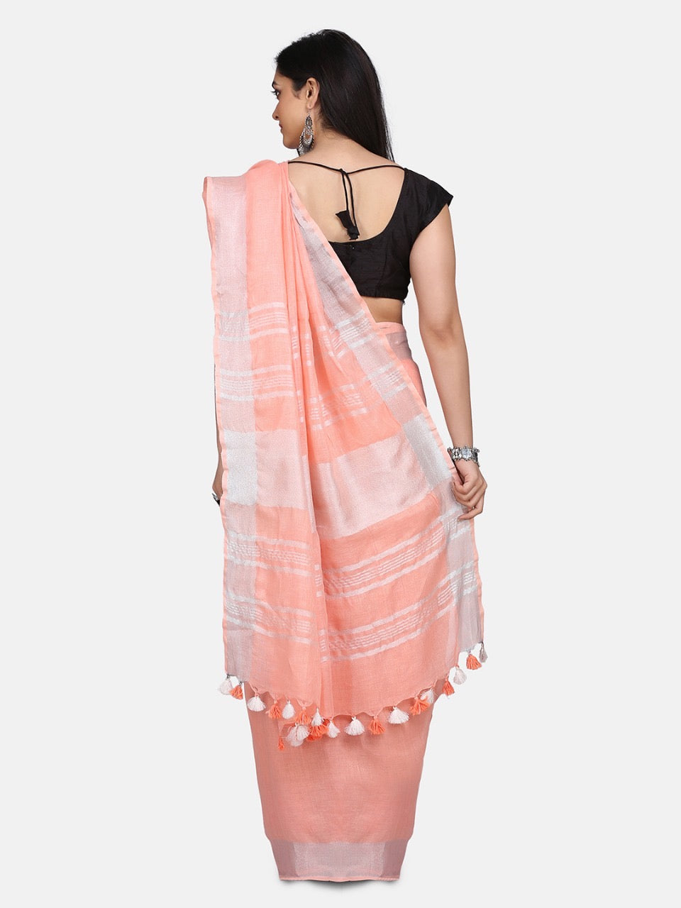 Peach Linen Saree with Silver Zari