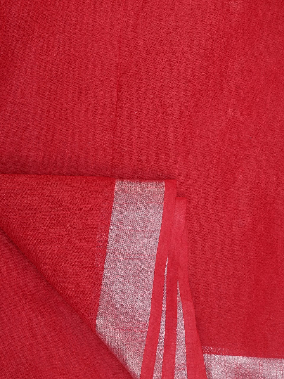 Red Linen Saree with Silver Zari