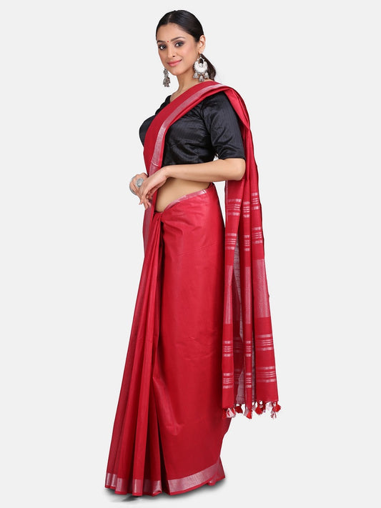 Red Linen Saree with Silver Zari