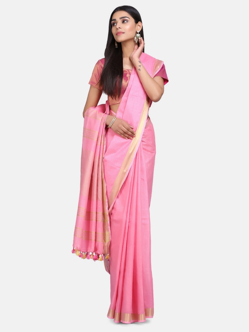 Baby Pink Linen Saree with Gold Zari