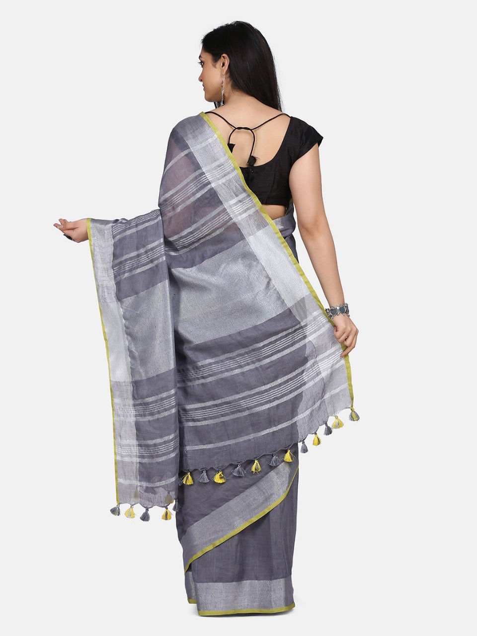 Silver Zari Saree with Yellow Border