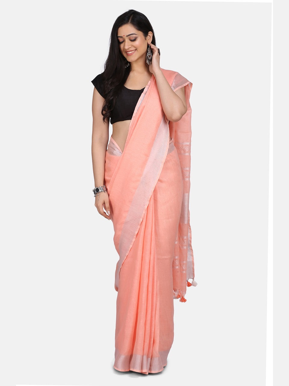 Peach Linen Saree with Silver Zari