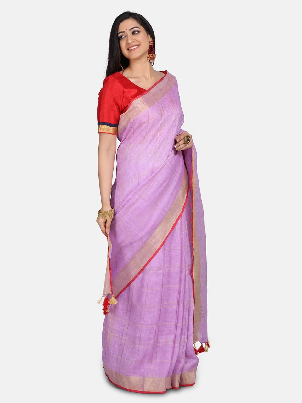 Lavendar Linen Saree with Red Zari