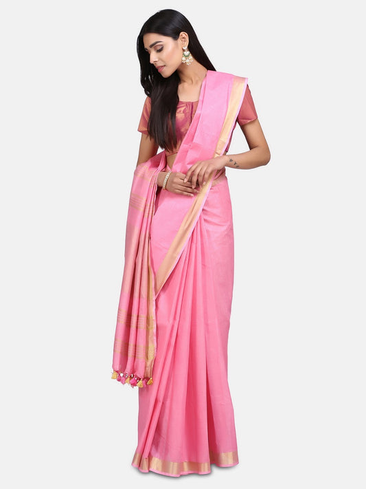 Baby Pink Linen Saree with Gold Zari