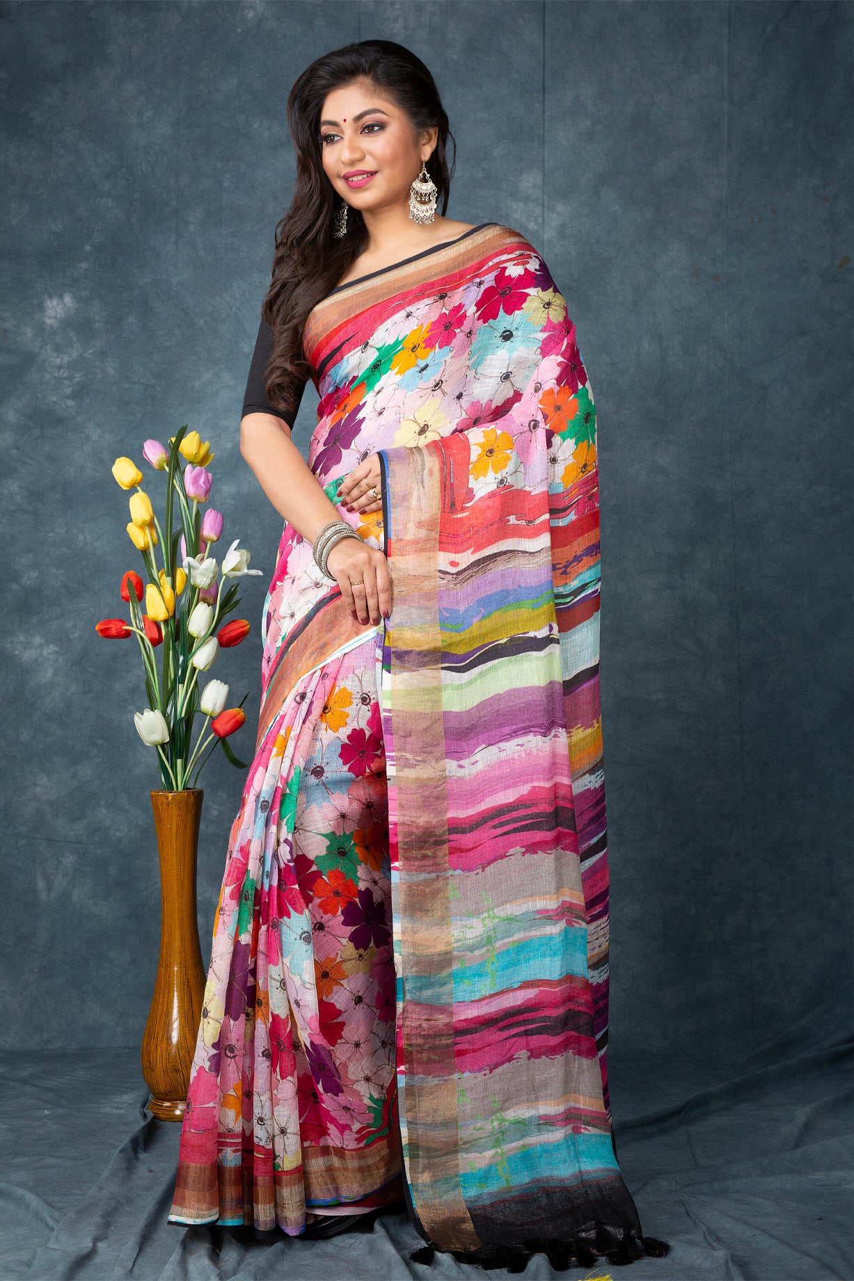 Linen digitally printed multicolour saree
