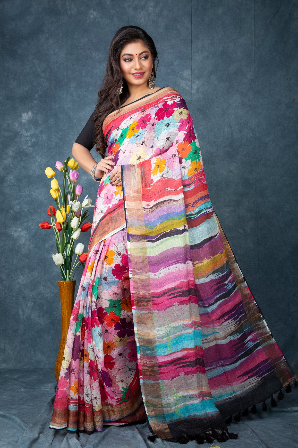 Linen digitally printed multicolour saree