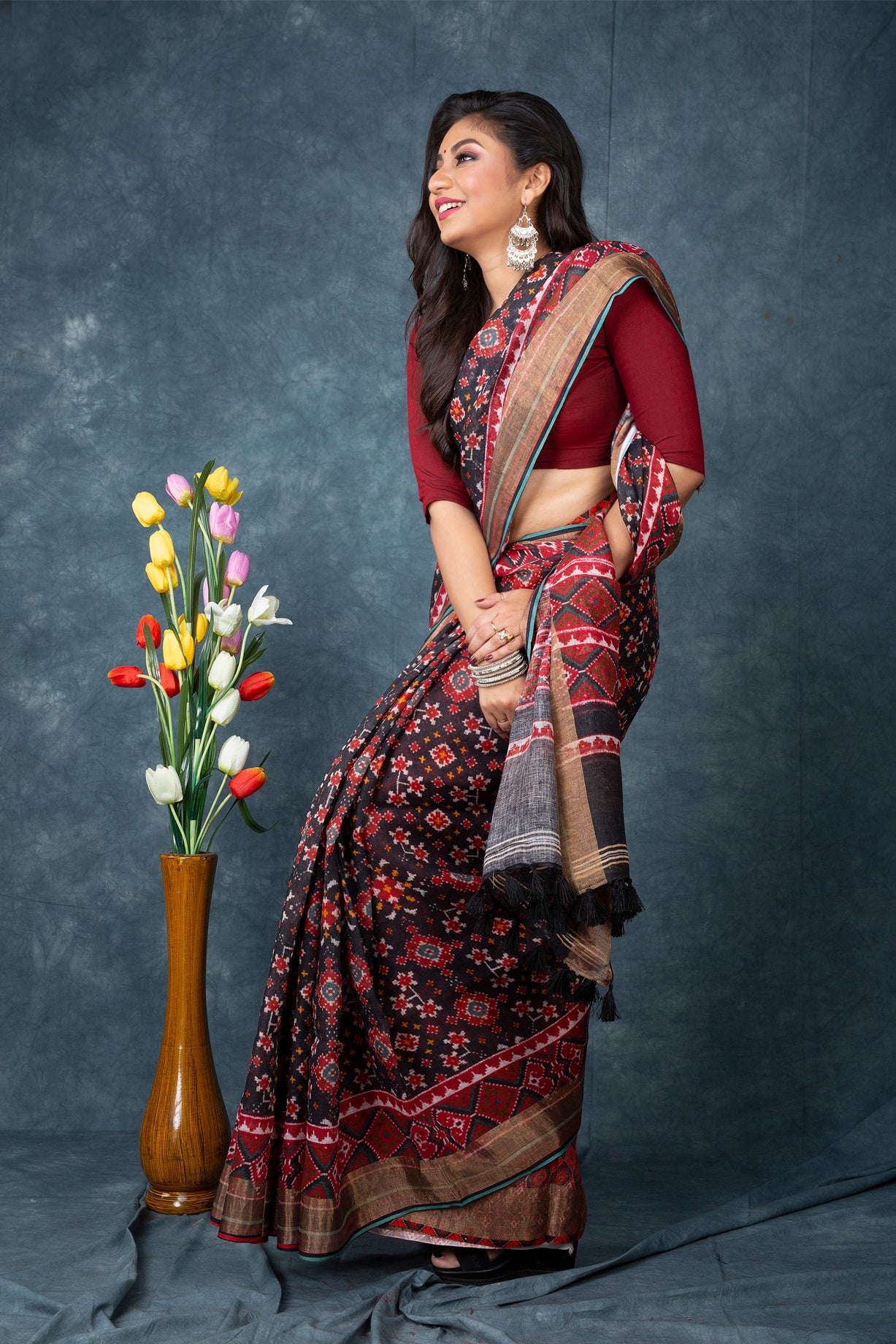 Linen patola digital printed saree